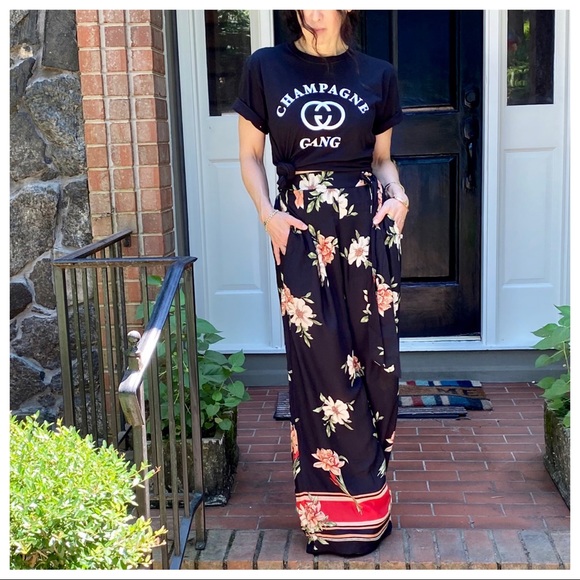 GORGEOUS BLACK FLORAL PRINT WIDE LEG PANTS - Picture 4 of 15